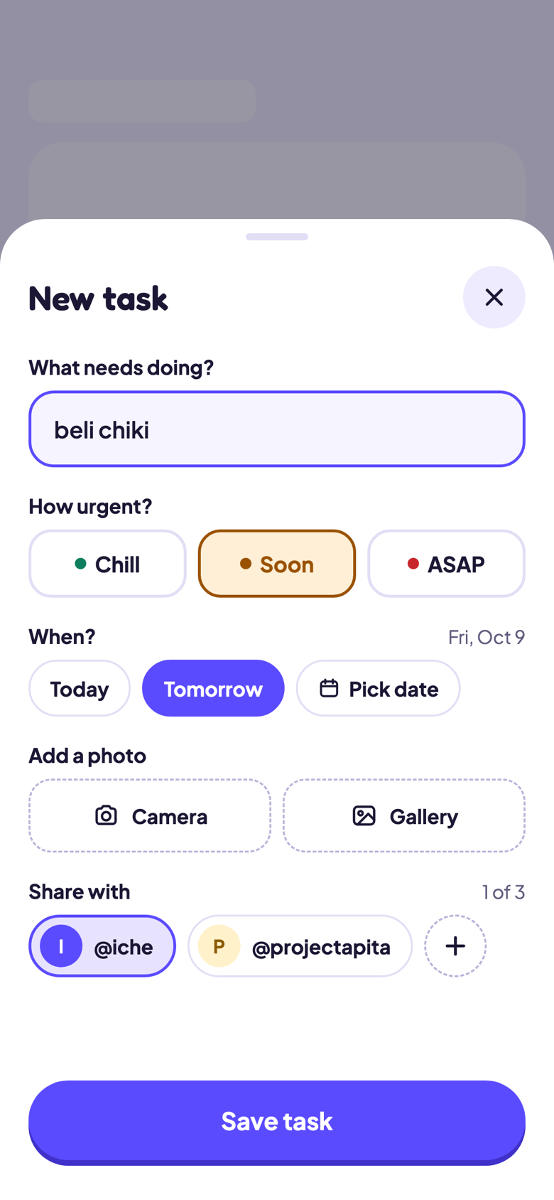Embul new task sheet with urgency and share options