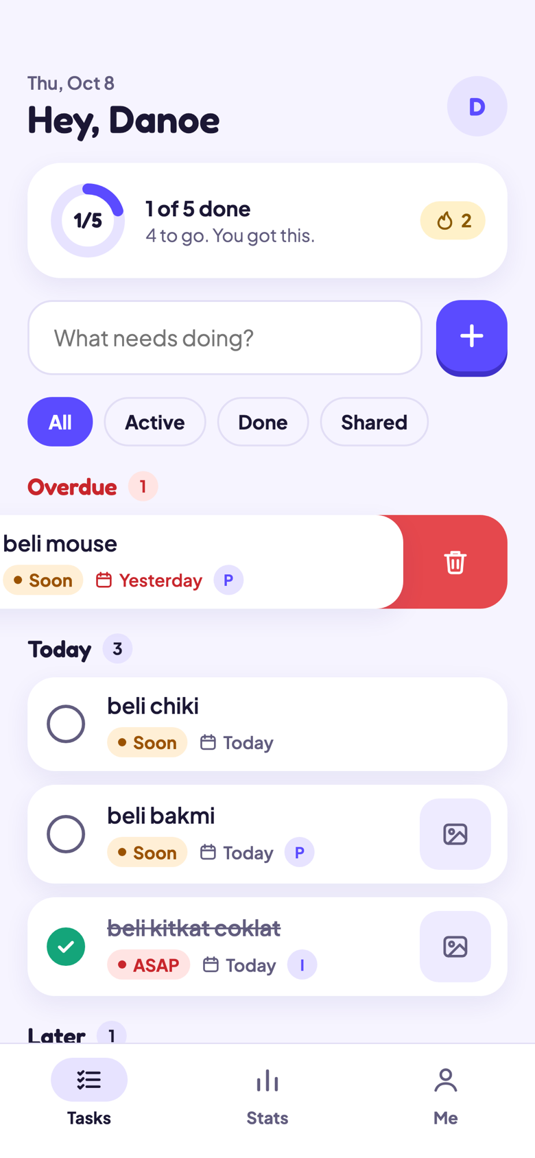Embul task list with overdue, today and later sections